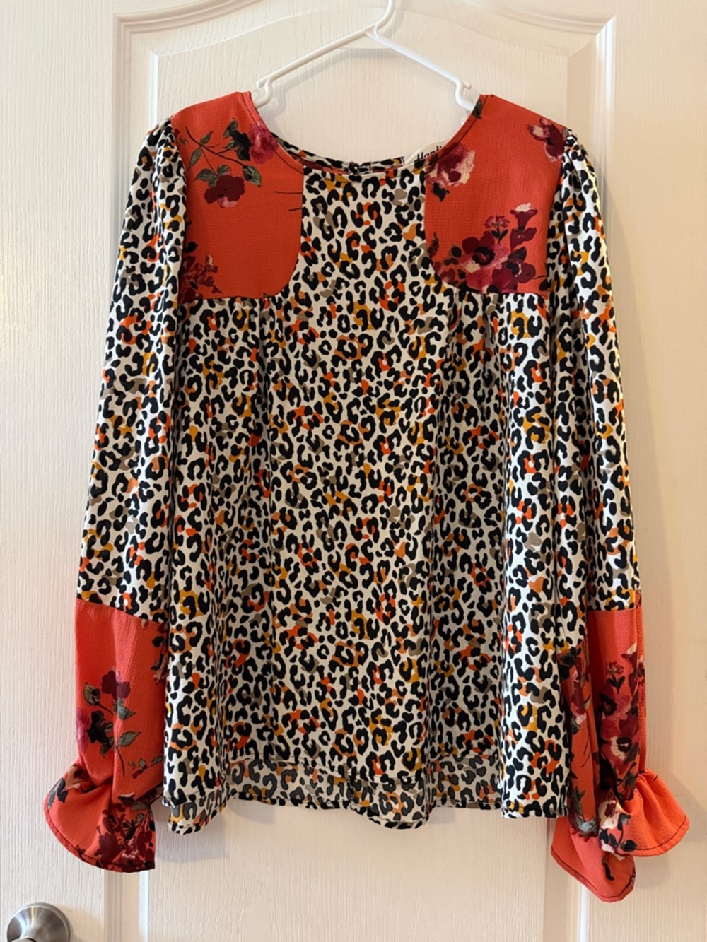 Leopard Print Long-Sleeve Blouse with Orange Floral Accents